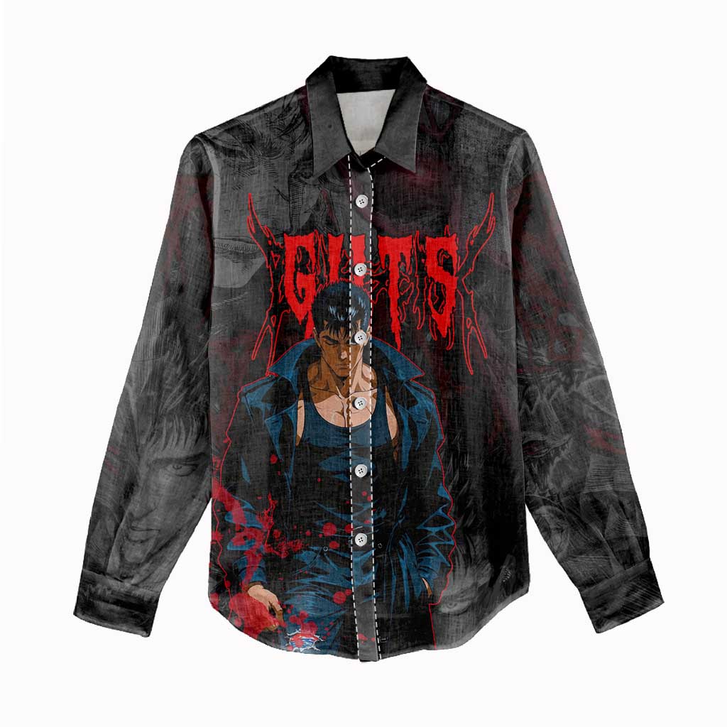 Guts Berserk Dark Theme Women Casual Shirt with Blood Splatter and Intense Warrior Expression Design - The Mazicc