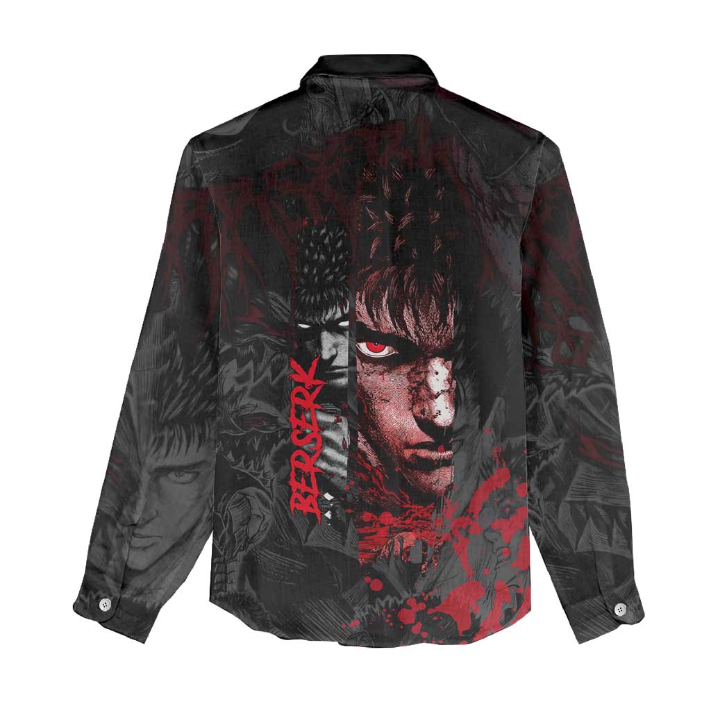 Guts Berserk Dark Theme Women Casual Shirt with Blood Splatter and Intense Warrior Expression Design - The Mazicc