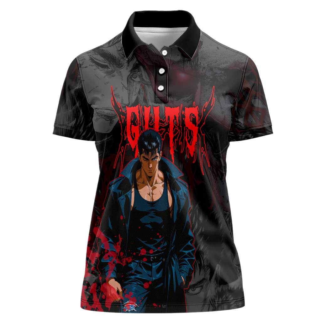 Guts Berserk Dark Theme Women Polo Shirt with Blood Splatter and Intense Warrior Expression Design - The Mazicc