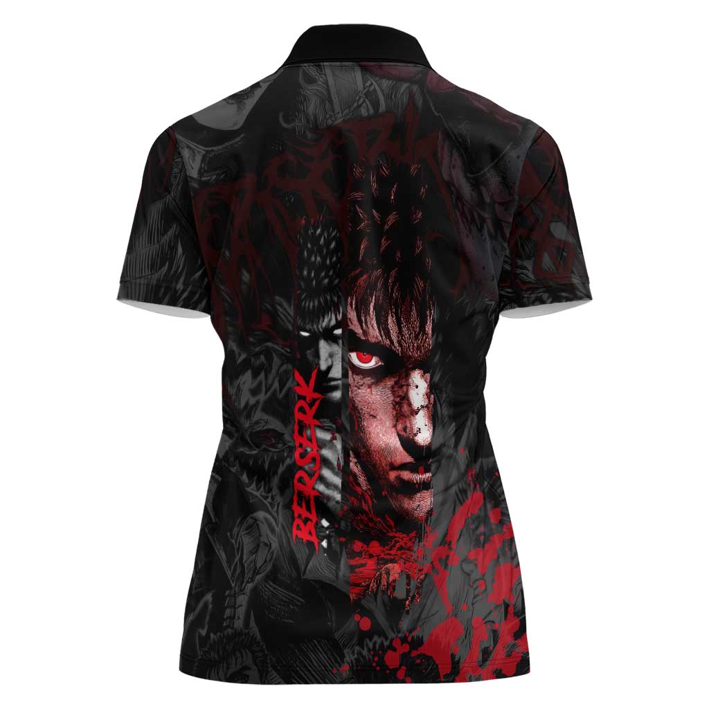 Guts Berserk Dark Theme Women Polo Shirt with Blood Splatter and Intense Warrior Expression Design - The Mazicc
