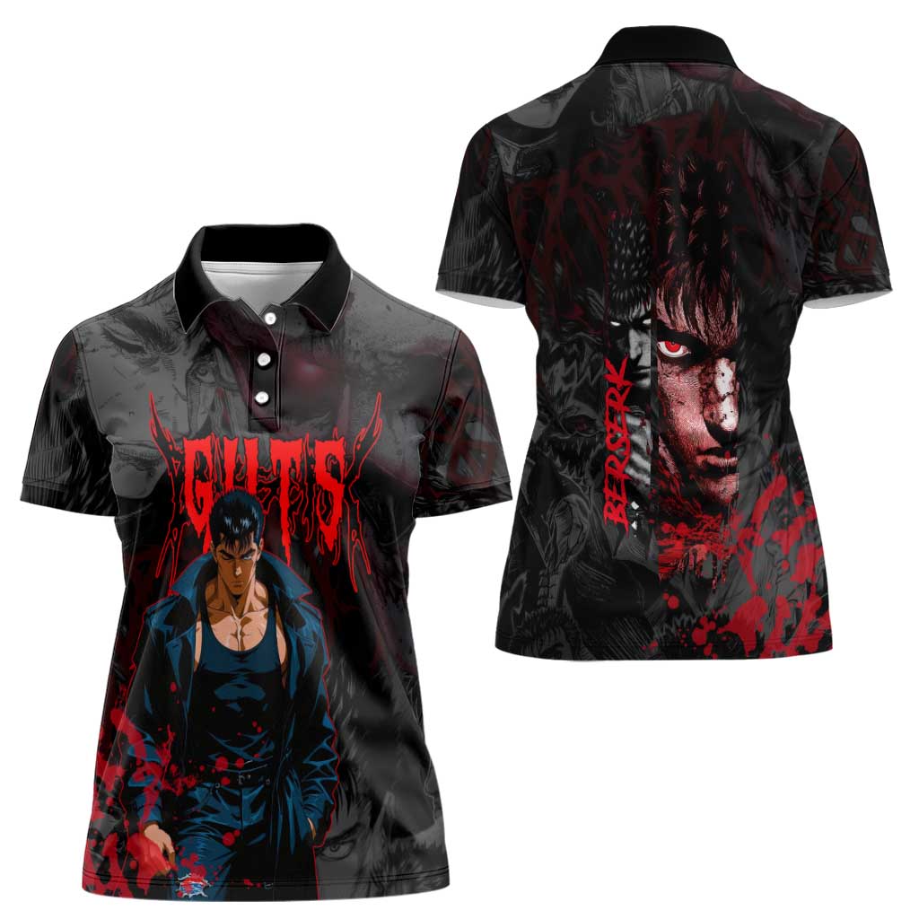 Guts Berserk Dark Theme Women Polo Shirt with Blood Splatter and Intense Warrior Expression Design - The Mazicc