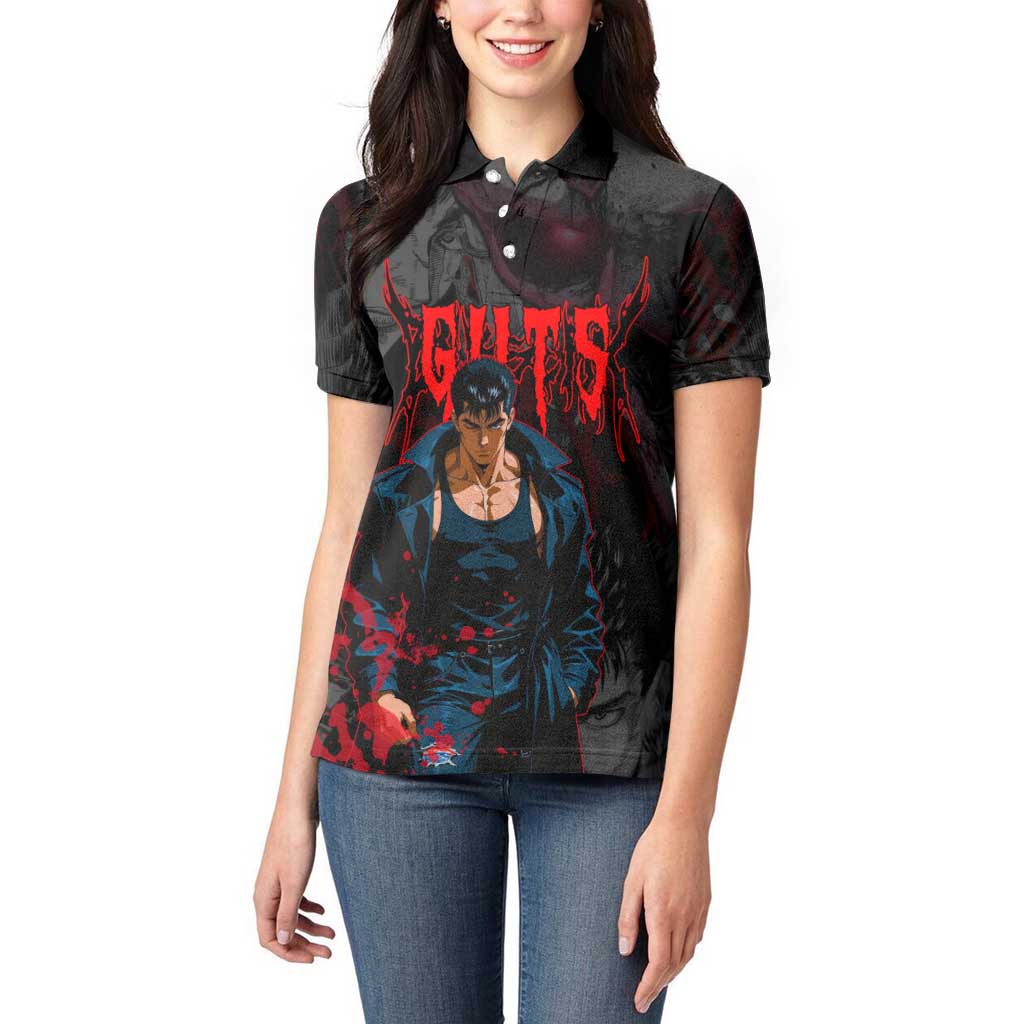 Guts Berserk Dark Theme Women Polo Shirt with Blood Splatter and Intense Warrior Expression Design - The Mazicc