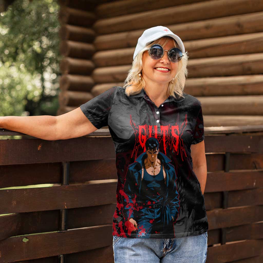 Guts Berserk Dark Theme Women Polo Shirt with Blood Splatter and Intense Warrior Expression Design - The Mazicc