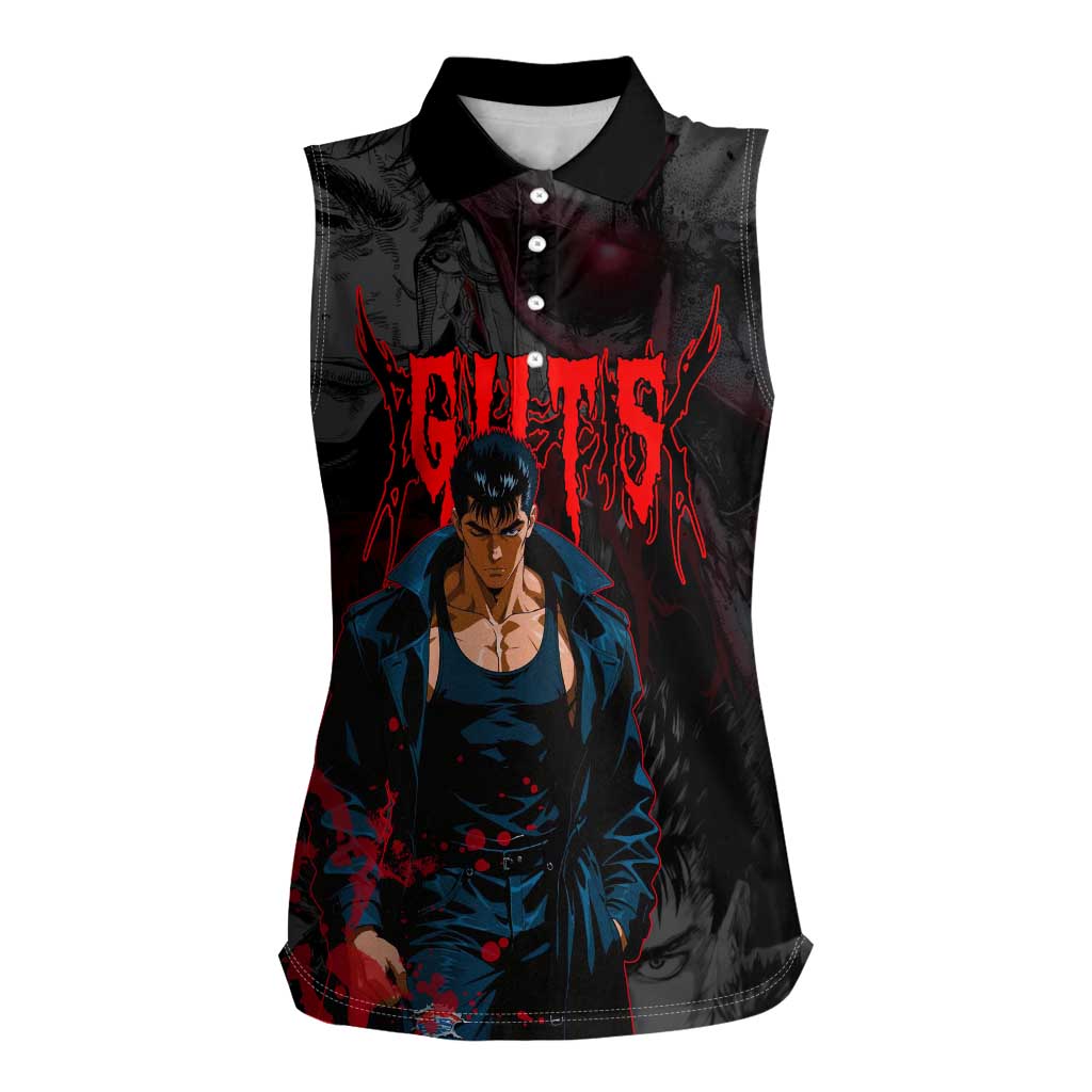Guts Berserk Dark Theme Women Sleeveless Polo Shirt with Blood Splatter and Intense Warrior Expression Design - The Mazicc