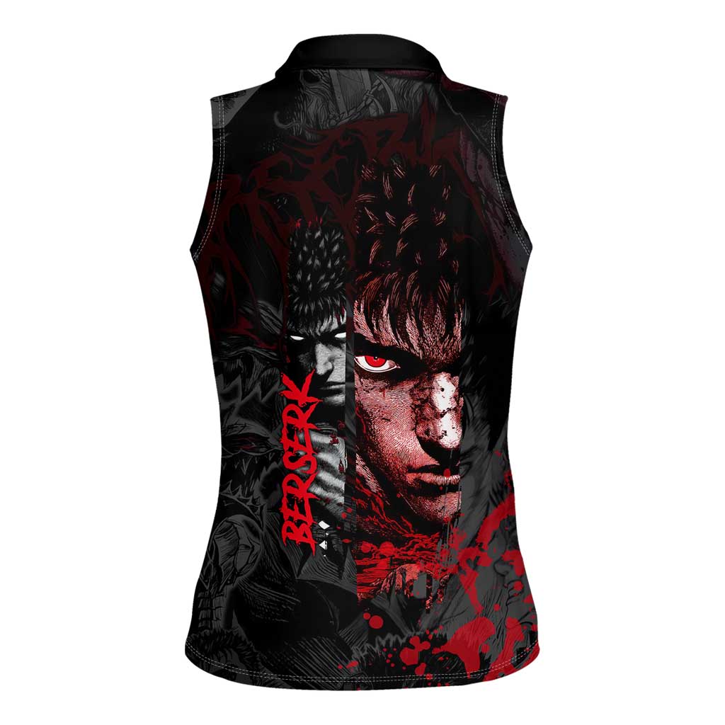 Guts Berserk Dark Theme Women Sleeveless Polo Shirt with Blood Splatter and Intense Warrior Expression Design - The Mazicc