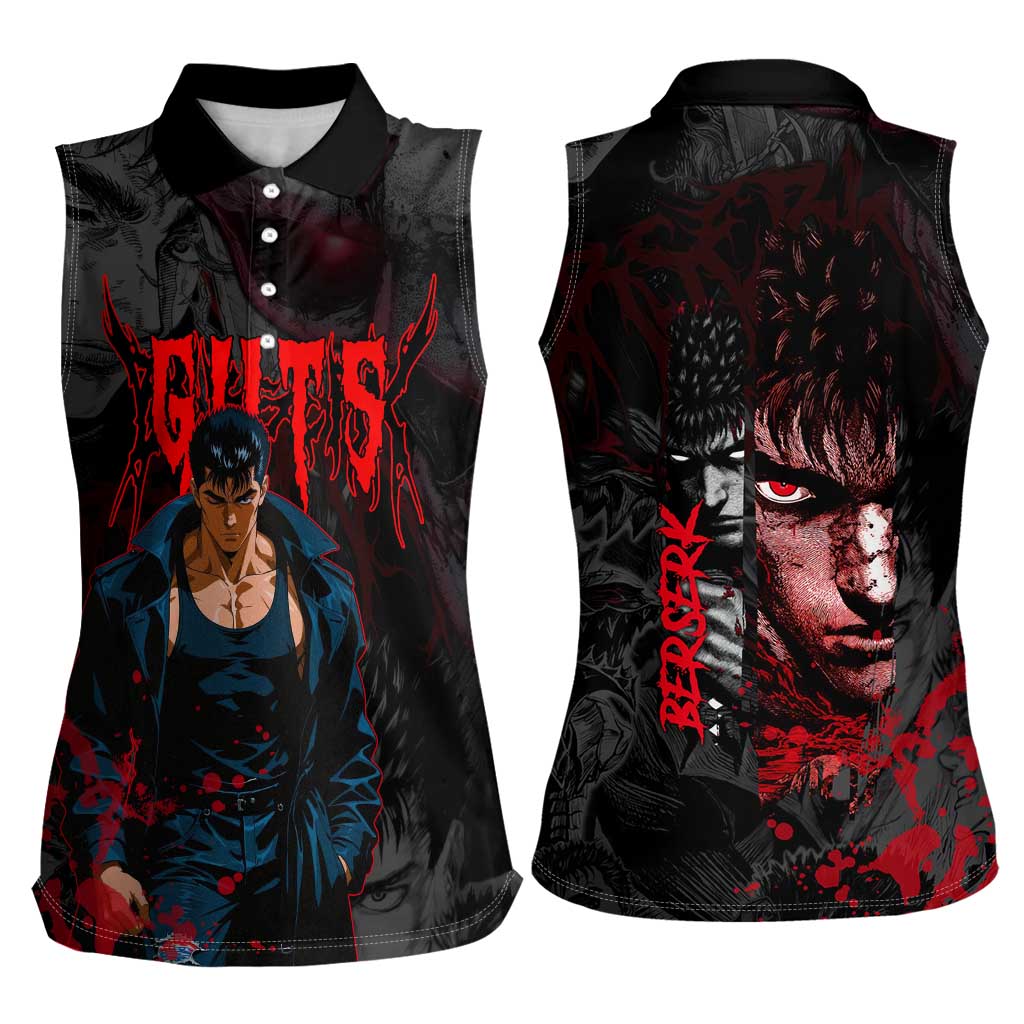 Guts Berserk Dark Theme Women Sleeveless Polo Shirt with Blood Splatter and Intense Warrior Expression Design - The Mazicc