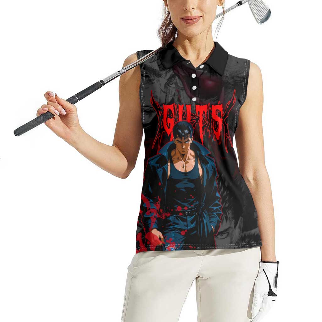 Guts Berserk Dark Theme Women Sleeveless Polo Shirt with Blood Splatter and Intense Warrior Expression Design - The Mazicc