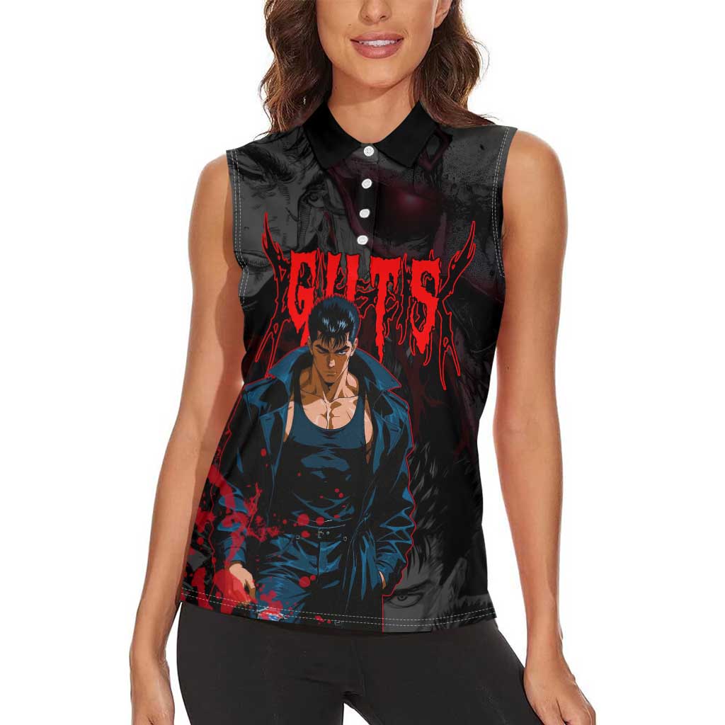 Guts Berserk Dark Theme Women Sleeveless Polo Shirt with Blood Splatter and Intense Warrior Expression Design - The Mazicc