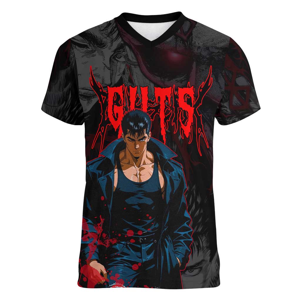 Guts Berserk Dark Theme Women V-Neck T-Shirt with Blood Splatter and Intense Warrior Expression Design - The Mazicc