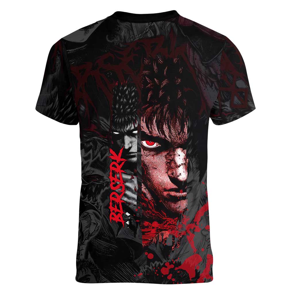 Guts Berserk Dark Theme Women V-Neck T-Shirt with Blood Splatter and Intense Warrior Expression Design - The Mazicc