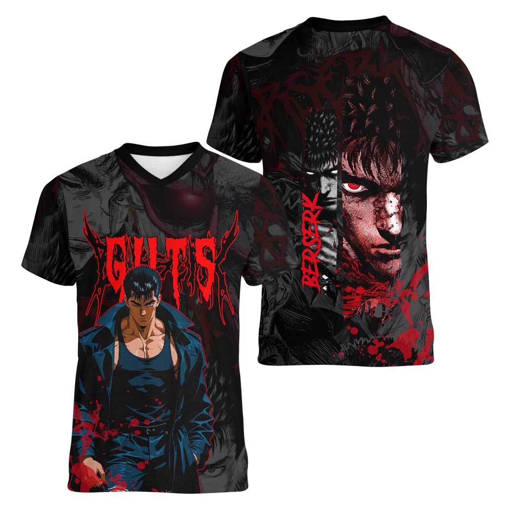 Guts Berserk Dark Theme Women V-Neck T-Shirt with Blood Splatter and Intense Warrior Expression Design - The Mazicc