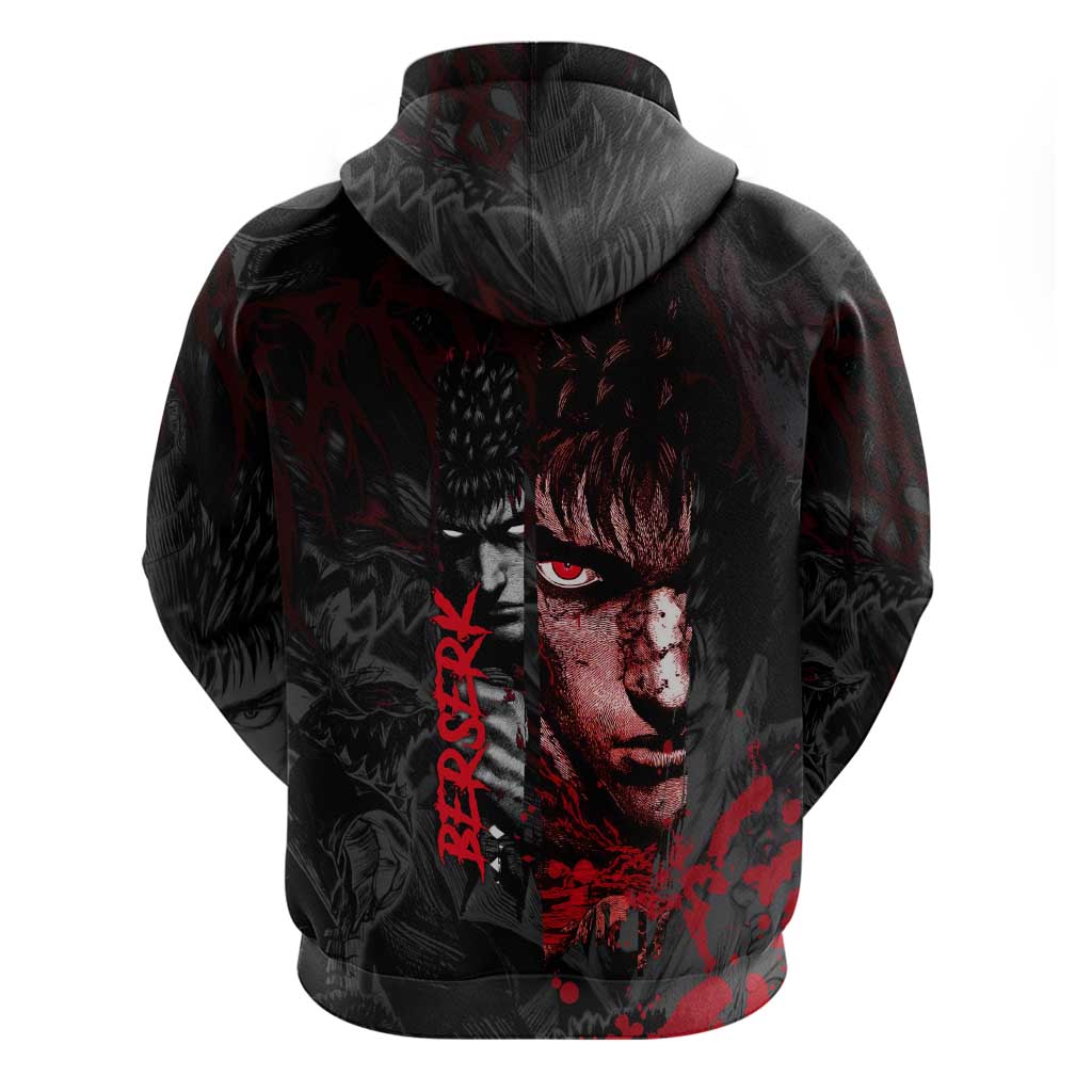 Guts Berserk Dark Theme Zip Hoodie with Blood Splatter and Intense Warrior Expression Design - The Mazicc