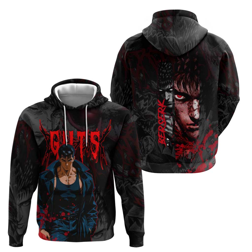 Guts Berserk Dark Theme Zip Hoodie with Blood Splatter and Intense Warrior Expression Design - The Mazicc