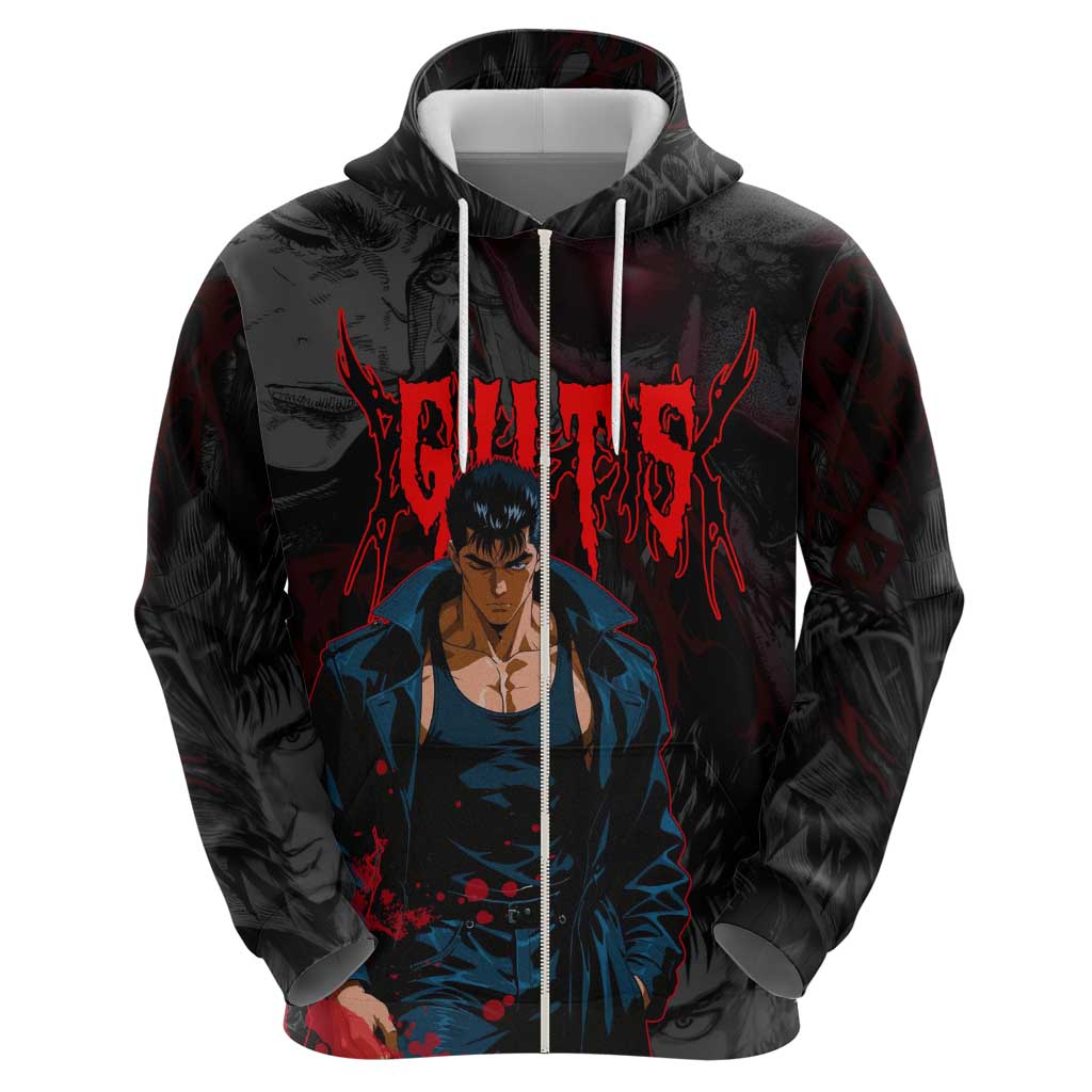 Guts Berserk Dark Theme Zip Hoodie with Blood Splatter and Intense Warrior Expression Design - The Mazicc