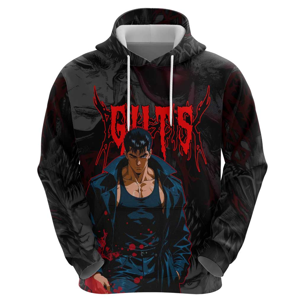 Guts Berserk Dark Theme Zip Hoodie with Blood Splatter and Intense Warrior Expression Design - The Mazicc