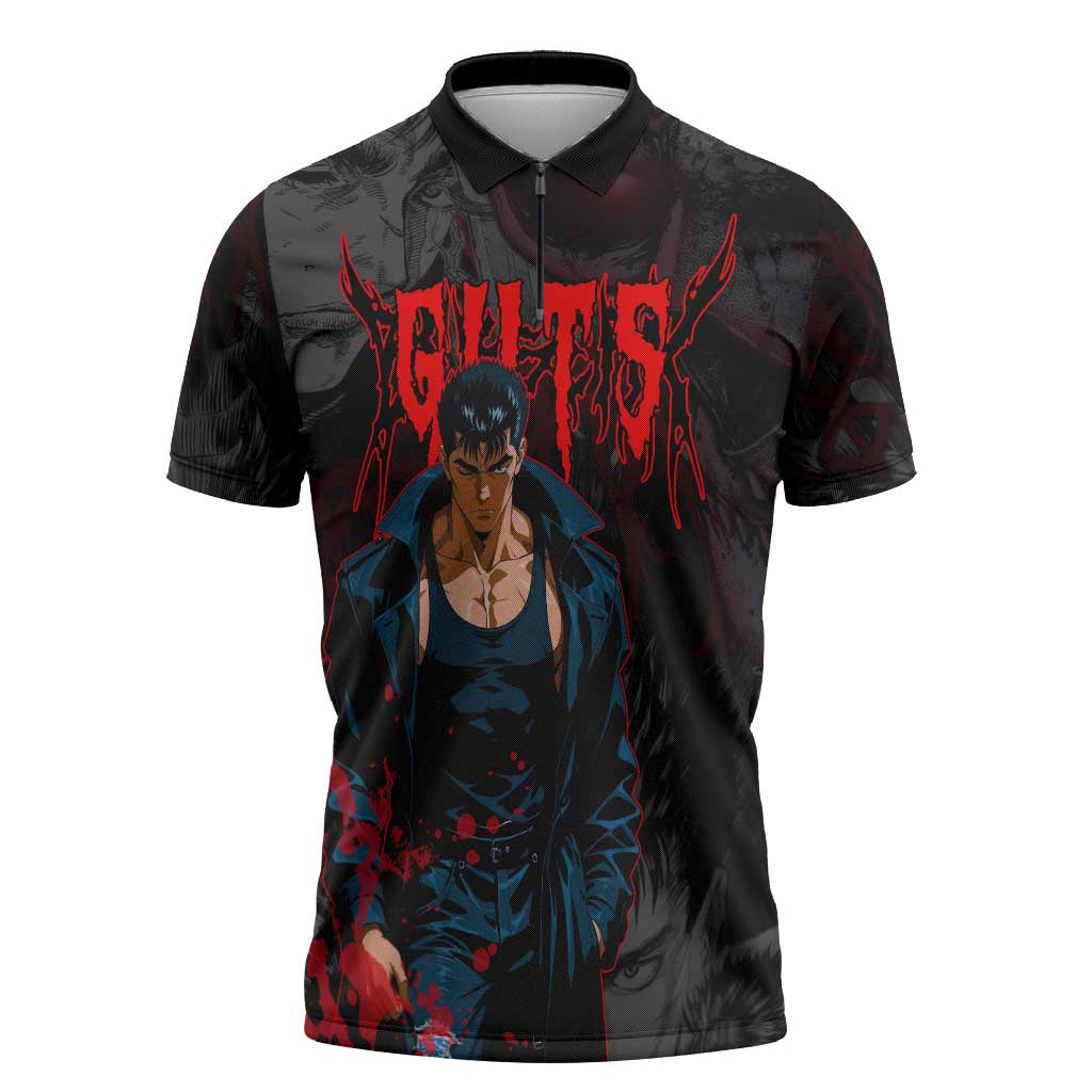 Guts Berserk Dark Theme Zipper Polo Shirt with Blood Splatter and Intense Warrior Expression Design - The Mazicc