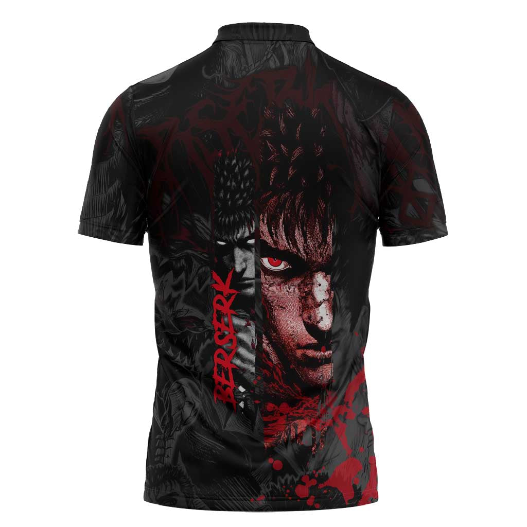 Guts Berserk Dark Theme Zipper Polo Shirt with Blood Splatter and Intense Warrior Expression Design - The Mazicc