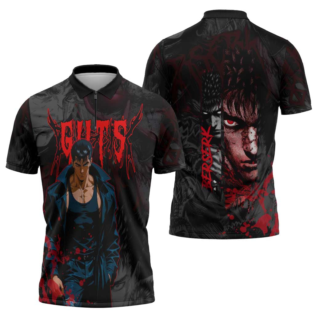 Guts Berserk Dark Theme Zipper Polo Shirt with Blood Splatter and Intense Warrior Expression Design - The Mazicc