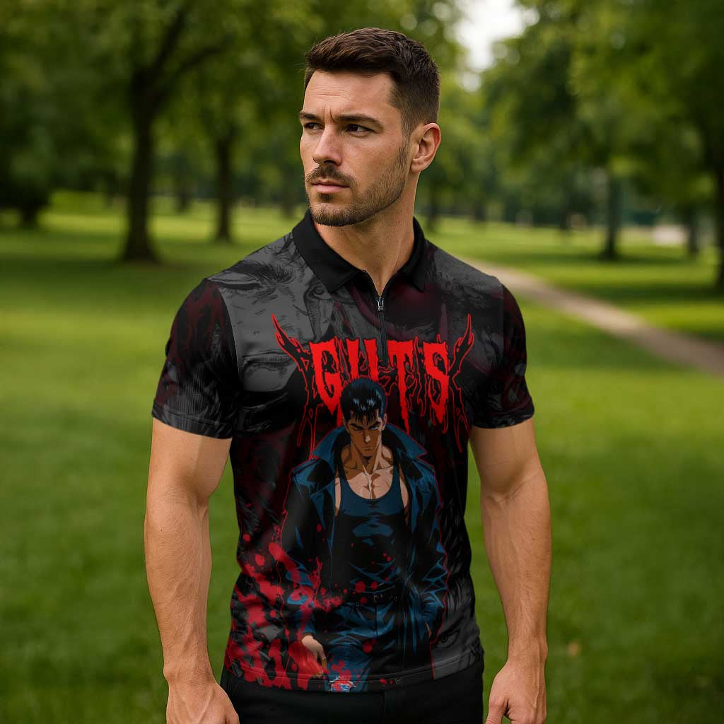 Guts Berserk Dark Theme Zipper Polo Shirt with Blood Splatter and Intense Warrior Expression Design - The Mazicc