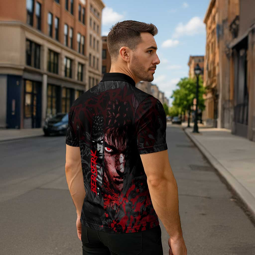 Guts Berserk Dark Theme Zipper Polo Shirt with Blood Splatter and Intense Warrior Expression Design - The Mazicc