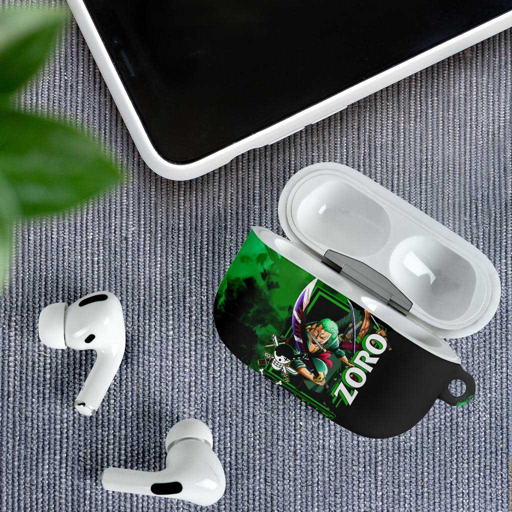 Zoro One Piece Green Theme AirPods Case with Swordsman Pose and Three Sword Style Design - The Mazicc