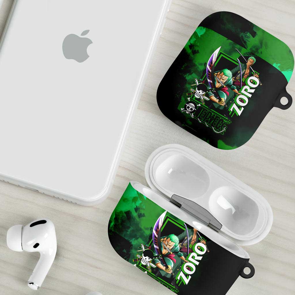 Zoro One Piece Green Theme AirPods Case with Swordsman Pose and Three Sword Style Design - The Mazicc