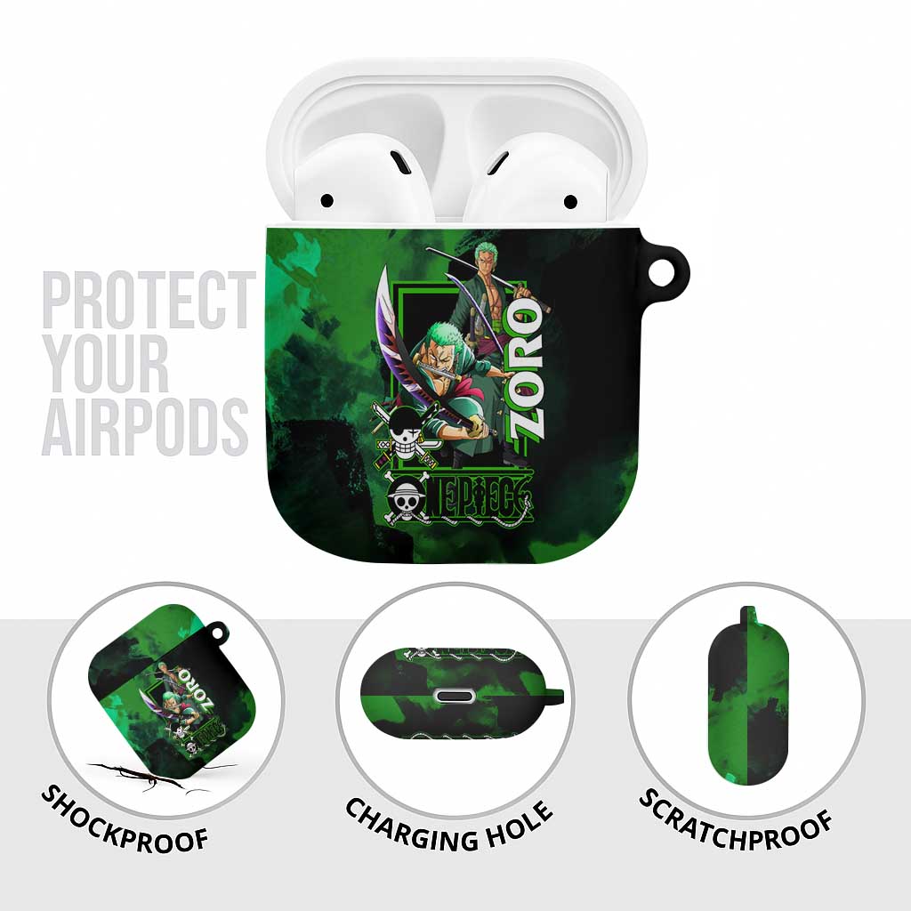Zoro One Piece Green Theme AirPods Case with Swordsman Pose and Three Sword Style Design - The Mazicc