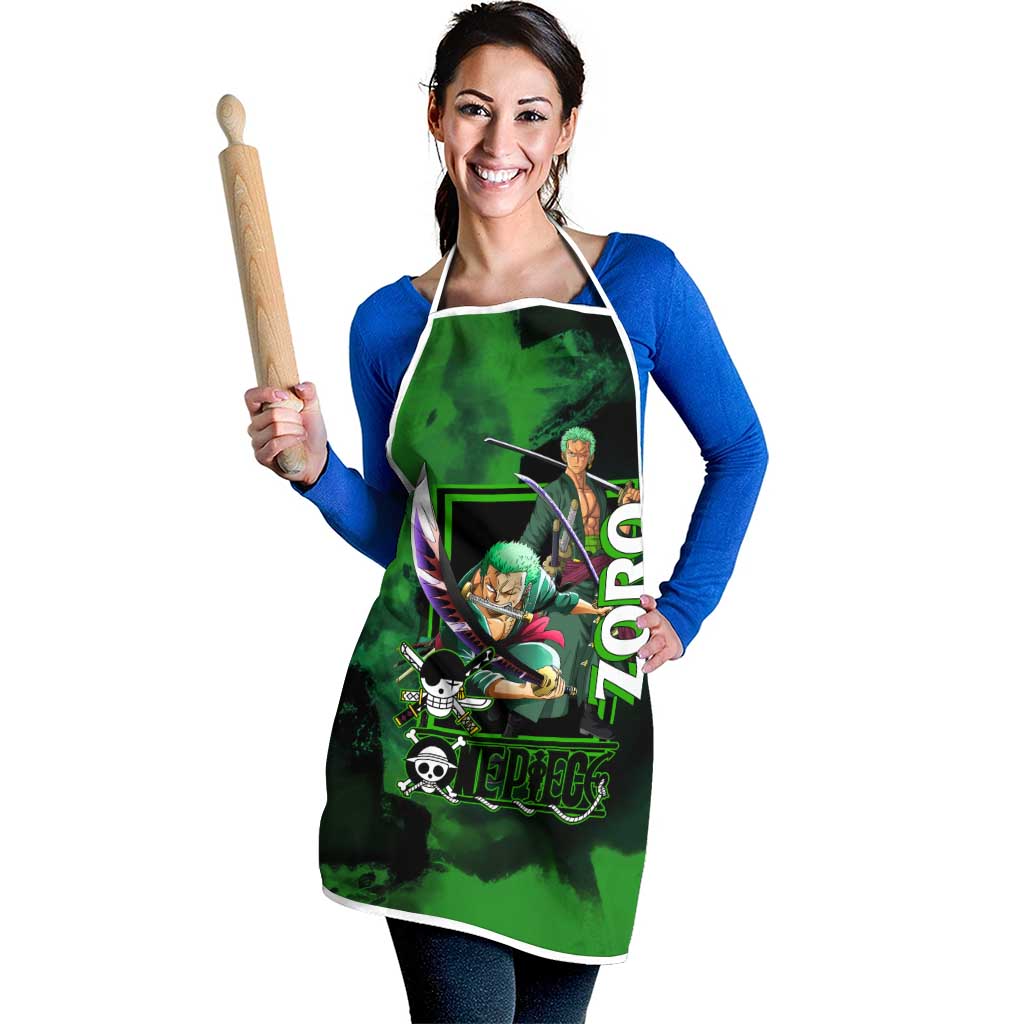 Zoro One Piece Green Theme Apron with Swordsman Pose and Three Sword Style Design - The Mazicc