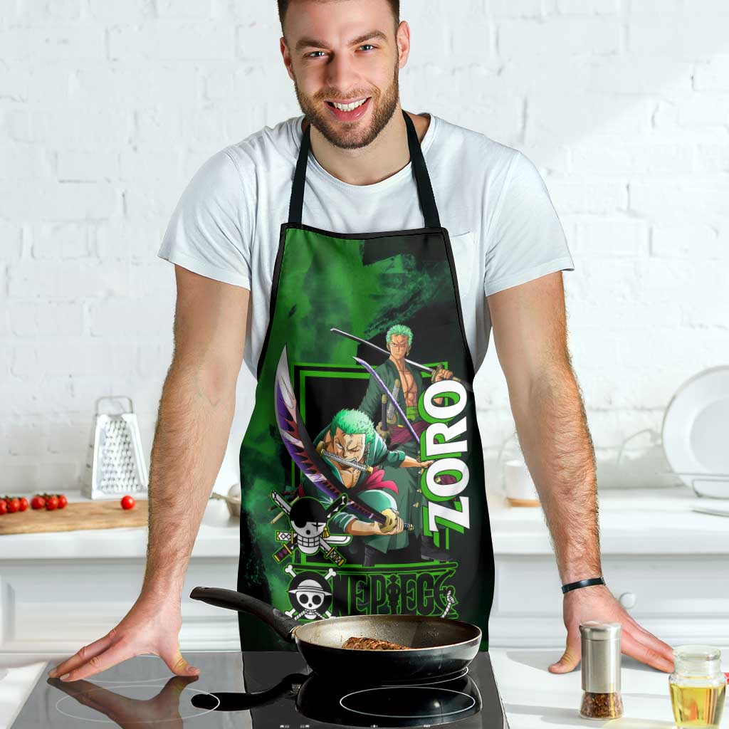 Zoro One Piece Green Theme Apron with Swordsman Pose and Three Sword Style Design - The Mazicc
