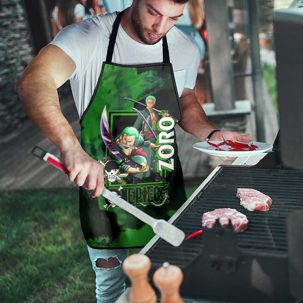Zoro One Piece Green Theme Apron with Swordsman Pose and Three Sword Style Design - The Mazicc