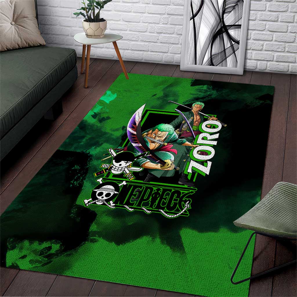Zoro One Piece Green Theme Area Rug with Swordsman Pose and Three Sword Style Design - The Mazicc