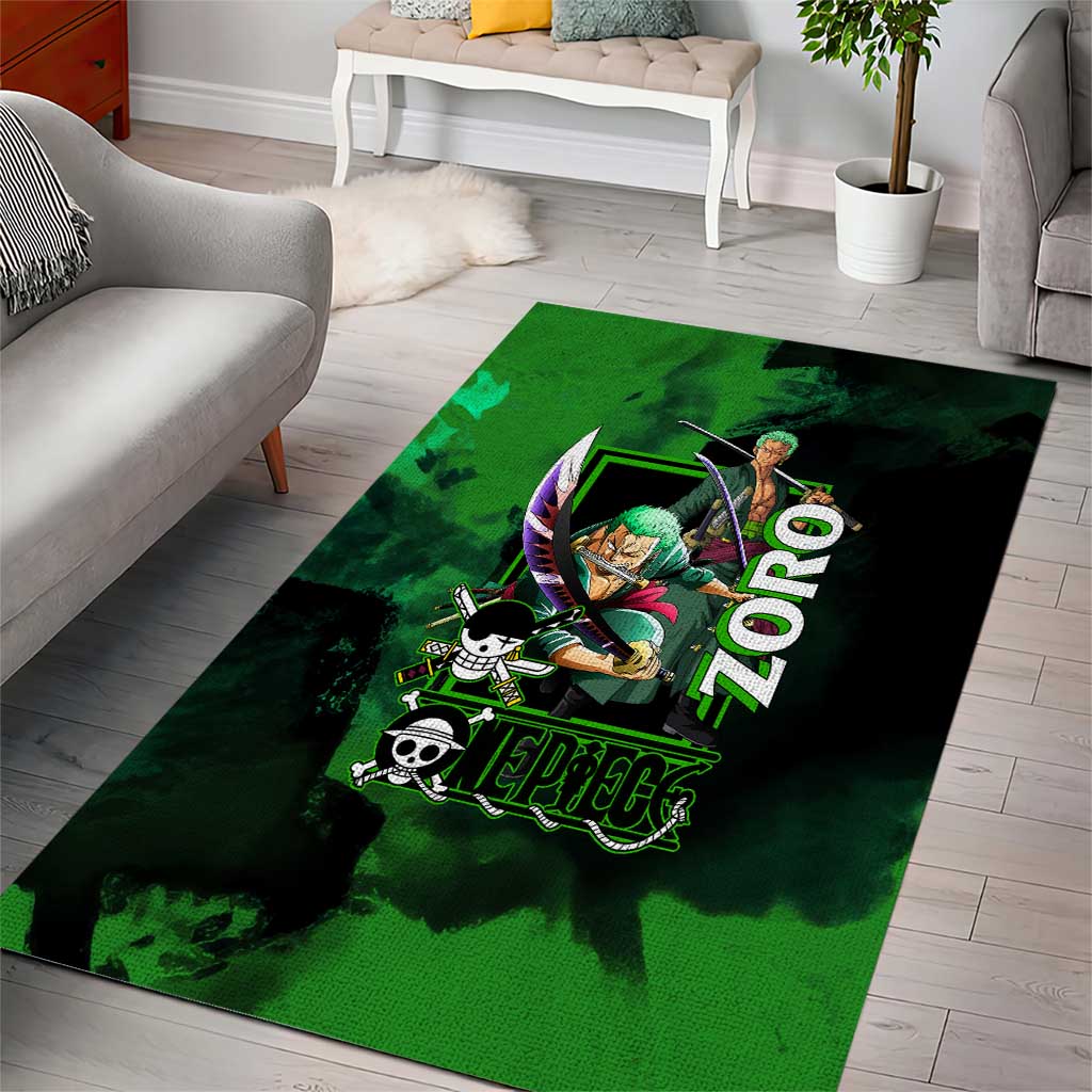 Zoro One Piece Green Theme Area Rug with Swordsman Pose and Three Sword Style Design - The Mazicc