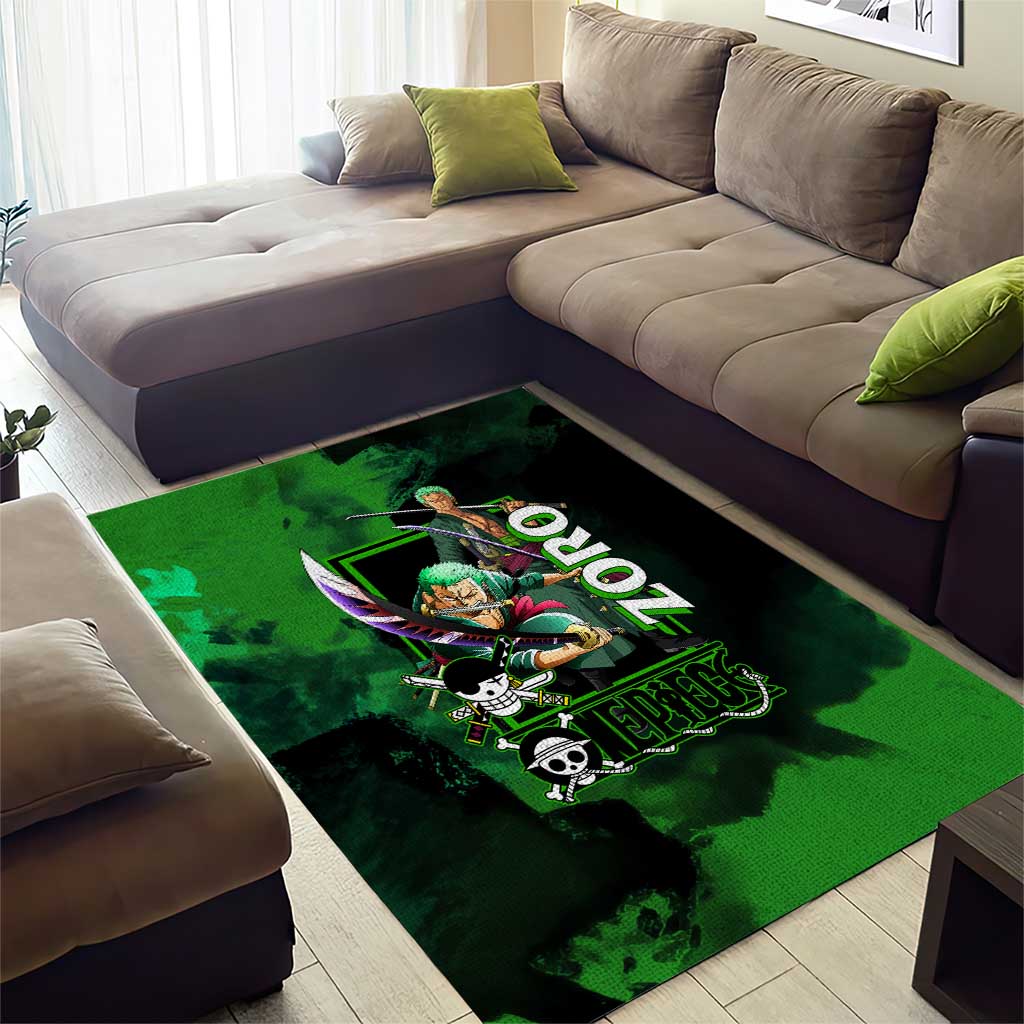 Zoro One Piece Green Theme Area Rug with Swordsman Pose and Three Sword Style Design - The Mazicc
