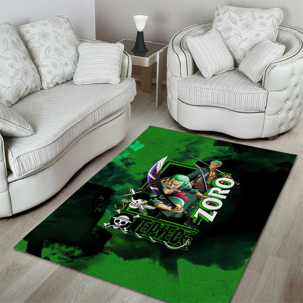 Zoro One Piece Green Theme Area Rug with Swordsman Pose and Three Sword Style Design - The Mazicc