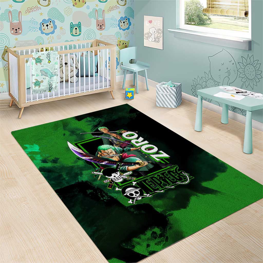 Zoro One Piece Green Theme Area Rug with Swordsman Pose and Three Sword Style Design - The Mazicc