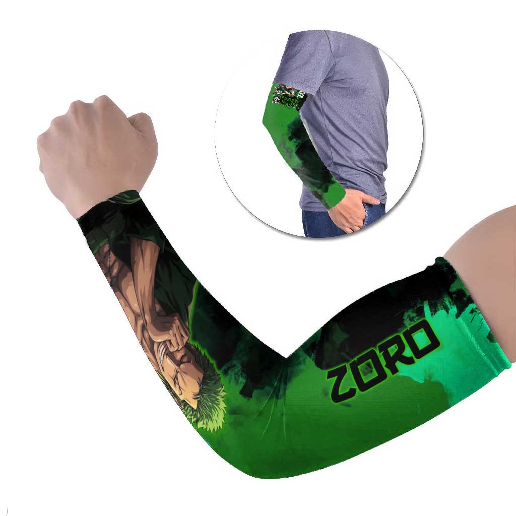 Zoro One Piece Green Theme Arm Sleeves with Swordsman Pose and Three Sword Style Design - The Mazicc