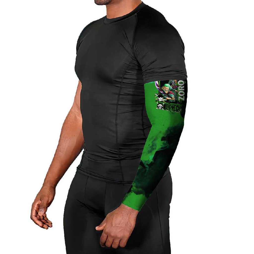 Zoro One Piece Green Theme Arm Sleeves with Swordsman Pose and Three Sword Style Design - The Mazicc