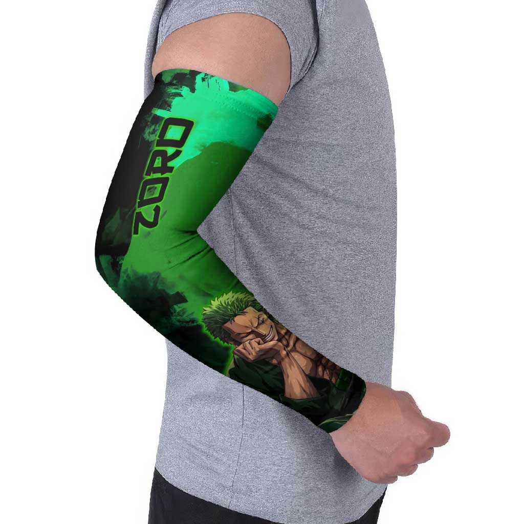 Zoro One Piece Green Theme Arm Sleeves with Swordsman Pose and Three Sword Style Design - The Mazicc