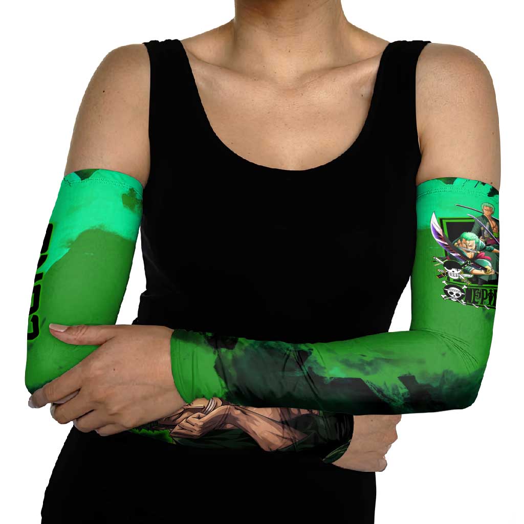 Zoro One Piece Green Theme Arm Sleeves with Swordsman Pose and Three Sword Style Design - The Mazicc