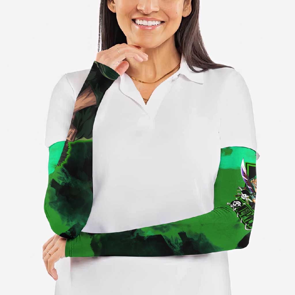 Zoro One Piece Green Theme Arm Sleeves with Swordsman Pose and Three Sword Style Design - The Mazicc