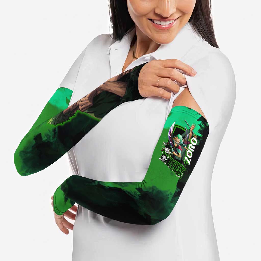 Zoro One Piece Green Theme Arm Sleeves with Swordsman Pose and Three Sword Style Design - The Mazicc