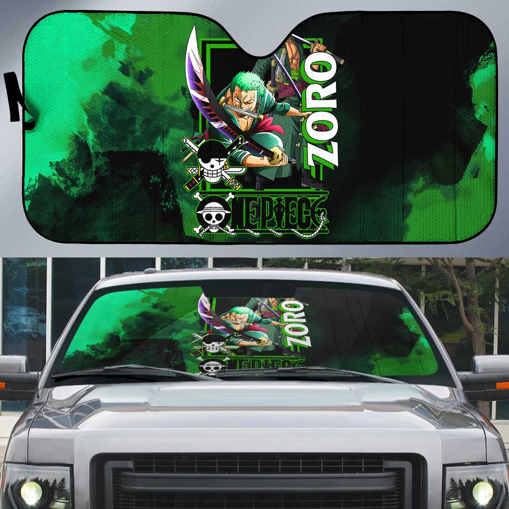 Zoro One Piece Green Theme Auto Sun Shade with Swordsman Pose and Three Sword Style Design - The Mazicc
