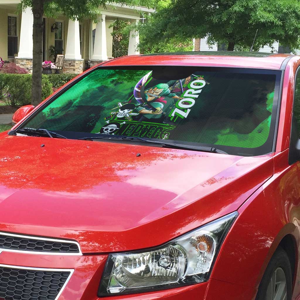 Zoro One Piece Green Theme Auto Sun Shade with Swordsman Pose and Three Sword Style Design - The Mazicc