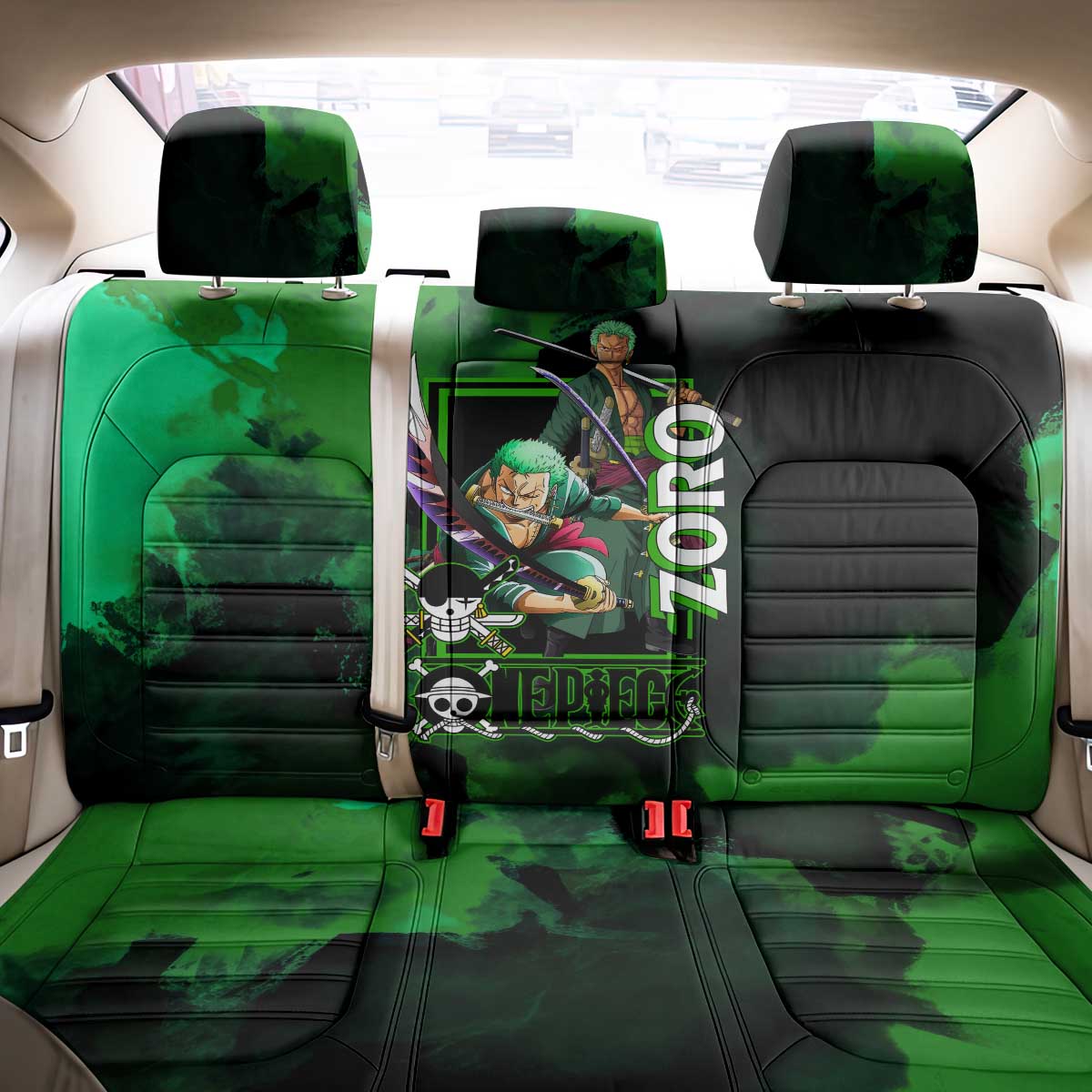 Zoro One Piece Green Theme Back Car Seat Cover with Swordsman Pose and Three Sword Style Design - The Mazicc