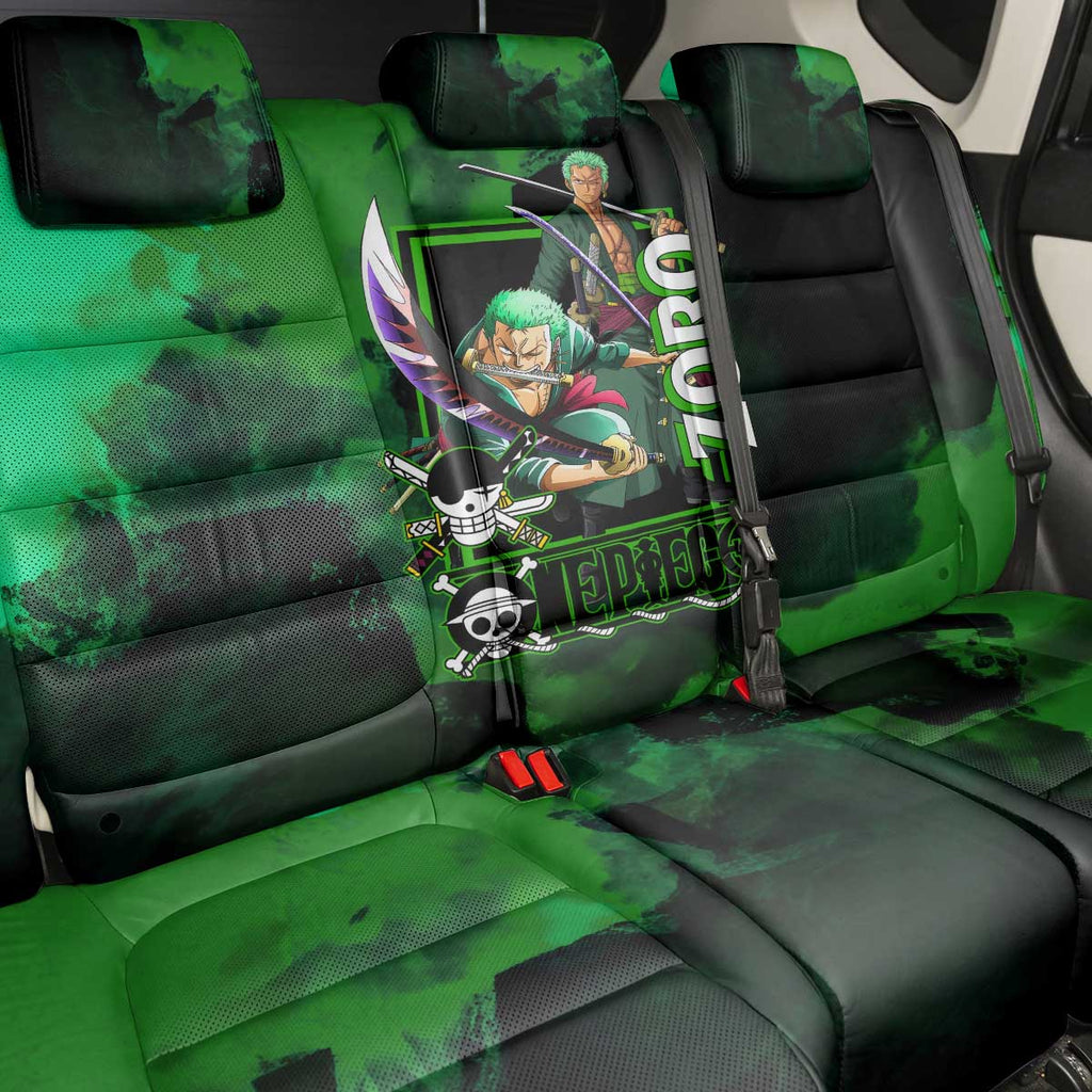 Zoro One Piece Green Theme Back Car Seat Cover with Swordsman Pose and Three Sword Style Design - The Mazicc