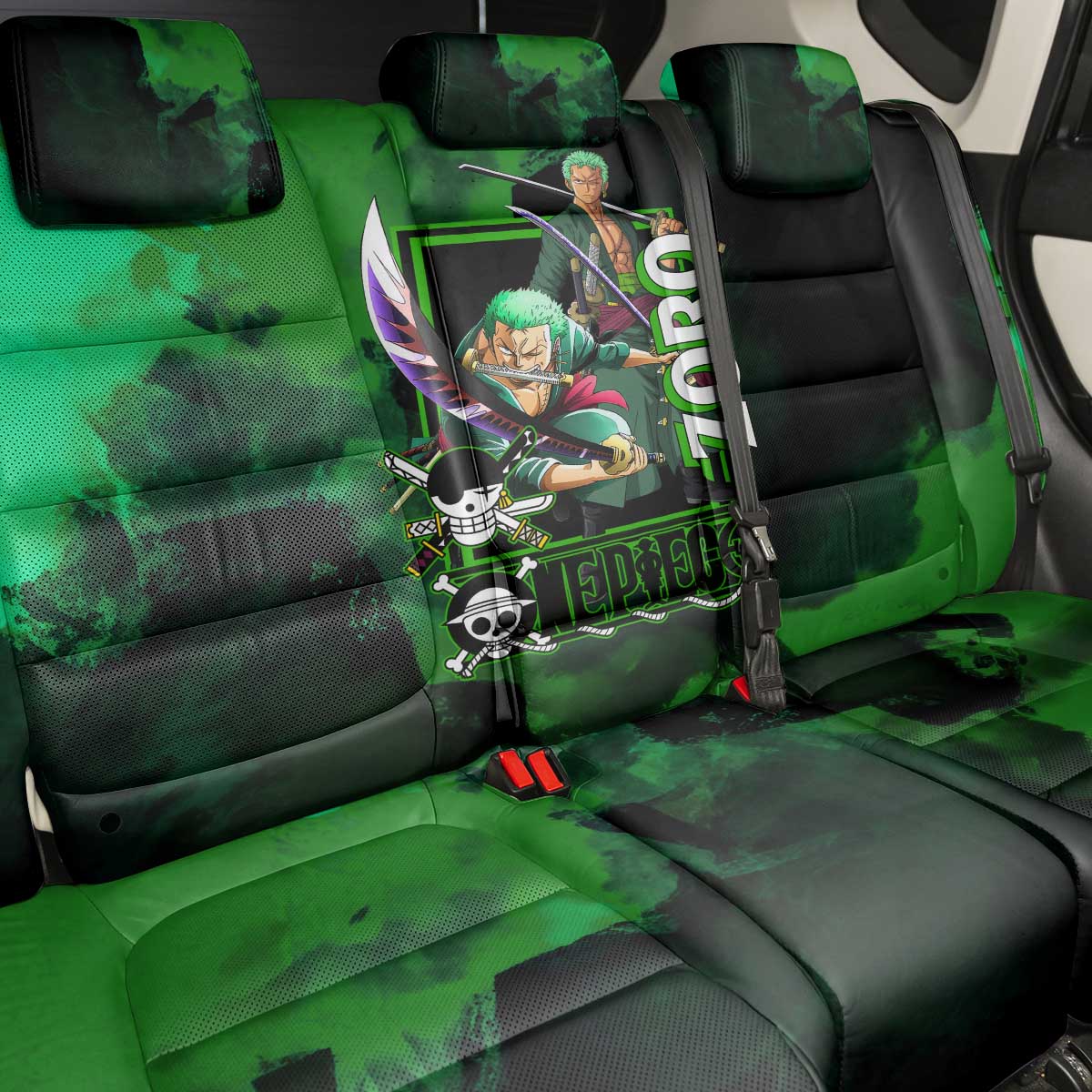 Zoro One Piece Green Theme Back Car Seat Cover with Swordsman Pose and Three Sword Style Design - The Mazicc