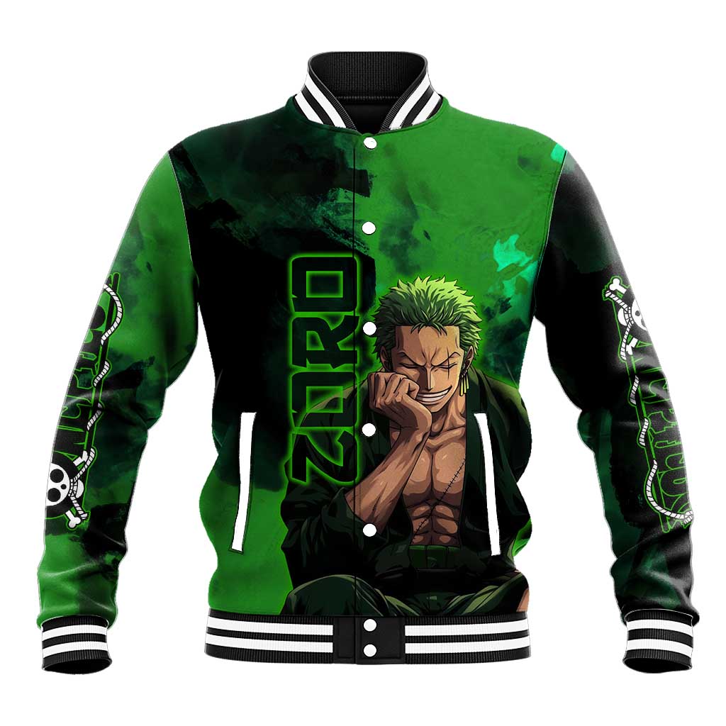 Zoro One Piece Green Theme Baseball Jacket with Swordsman Pose and Three Sword Style Design - The Mazicc