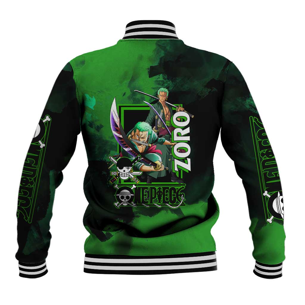 Zoro One Piece Green Theme Baseball Jacket with Swordsman Pose and Three Sword Style Design - The Mazicc
