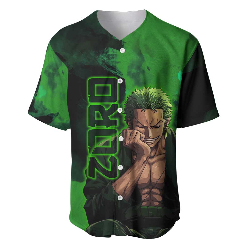 Zoro One Piece Green Theme Baseball Jersey with Swordsman Pose and Three Sword Style Design - The Mazicc