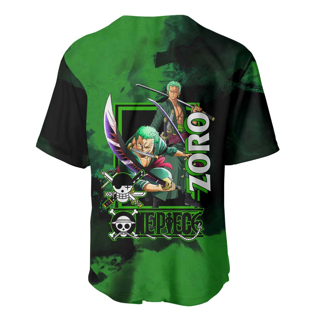 Zoro One Piece Green Theme Baseball Jersey with Swordsman Pose and Three Sword Style Design - The Mazicc